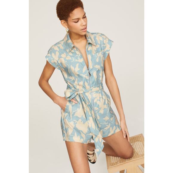 Tanya Taylor Skye Romper Blue Floral Collared Front Zip Linen Blend Sz XS‎ - Picture 1 of 12